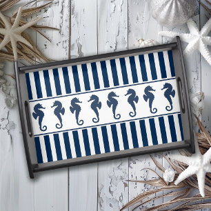 Nautical Navy Stripes Pattern and Sea Horses Serving Tray