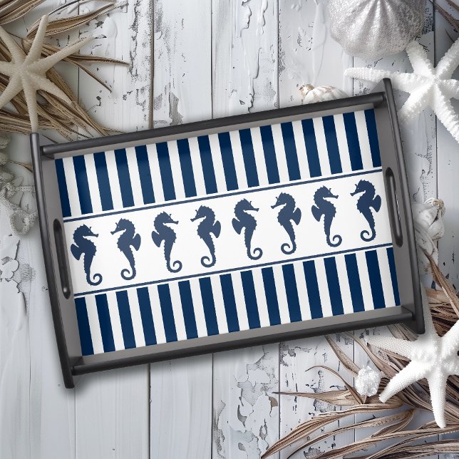 Nautical Navy Stripes Pattern and Sea Horses Serving Tray (Creator Uploaded)