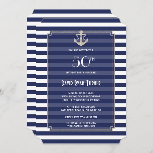Nautical Navy Stripes Silver 50th Birthday Party Invitation