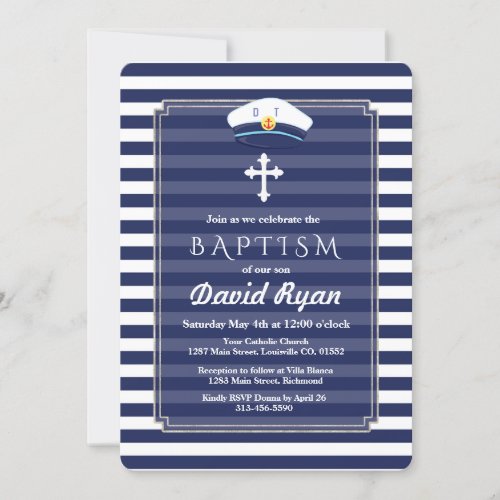 Nautical Navy Stripes Silver Boy Baptism Invite