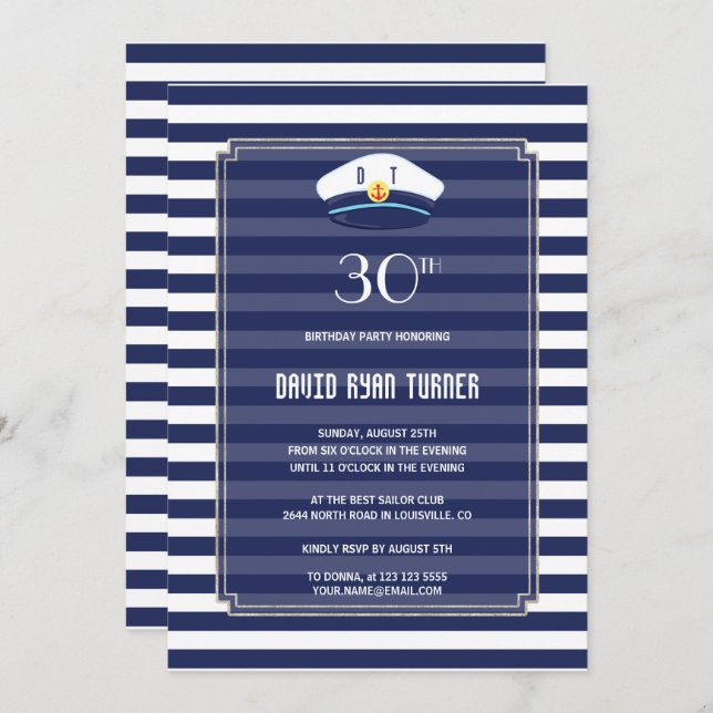 Nautical Navy Stripes Silver Man Birthday Party Invitation (Front/Back)