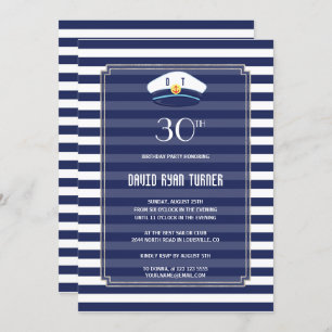 Nautical Navy Stripes Silver Man Birthday Party Invitation