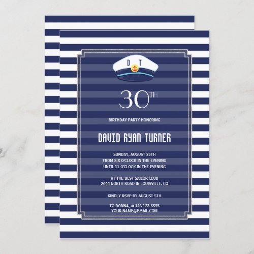 Nautical Navy Stripes Silver Man Birthday Party Invitation