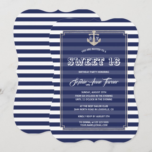Nautical Navy Stripes Silver Sweet 16 Party Invitation (Front/Back)