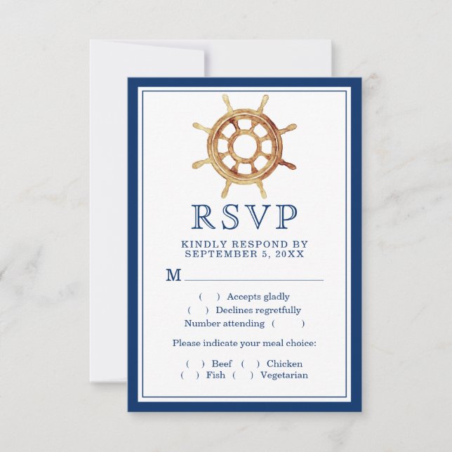 Nautical Navy Stripes Steering Wheel Meal Choice RSVP Card (Front)
