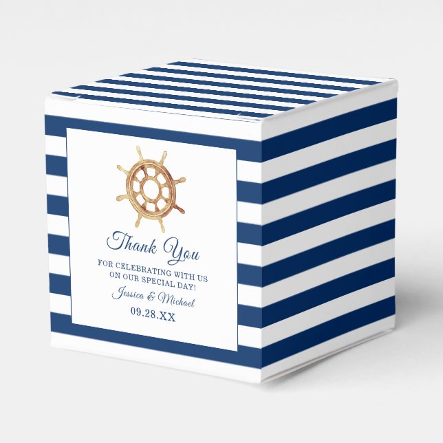 Nautical Navy Stripes Watercolor Steering Wheel Favor Boxes (Front Side)