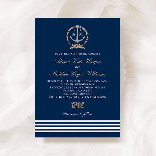 Nautical Navy Tan Anchor Stripes Wedding Monogram Invitation