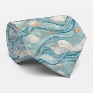Nautical Navy Teal Waves and Starfish Print Neck Tie