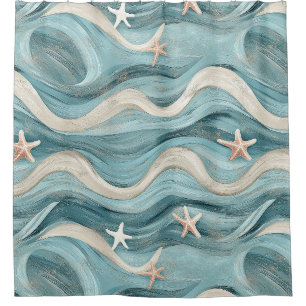 Nautical Navy Teal Waves and Starfish Print Shower Curtain