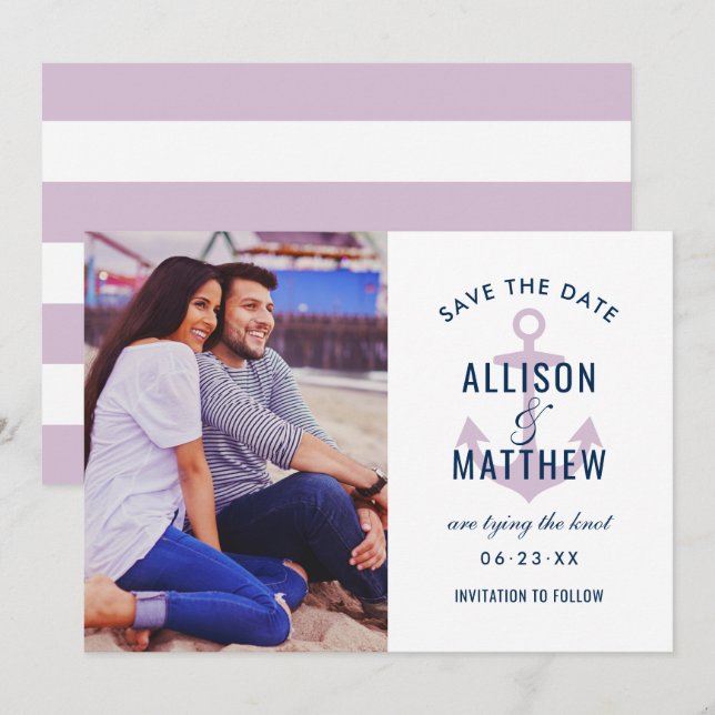 Nautical Navy Violet Purple Anchor Wedding Photo Save The Date (Front/Back)