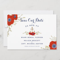Nautical Navy &amp; Watercolor Floral Anemone Wedding Save The Date
