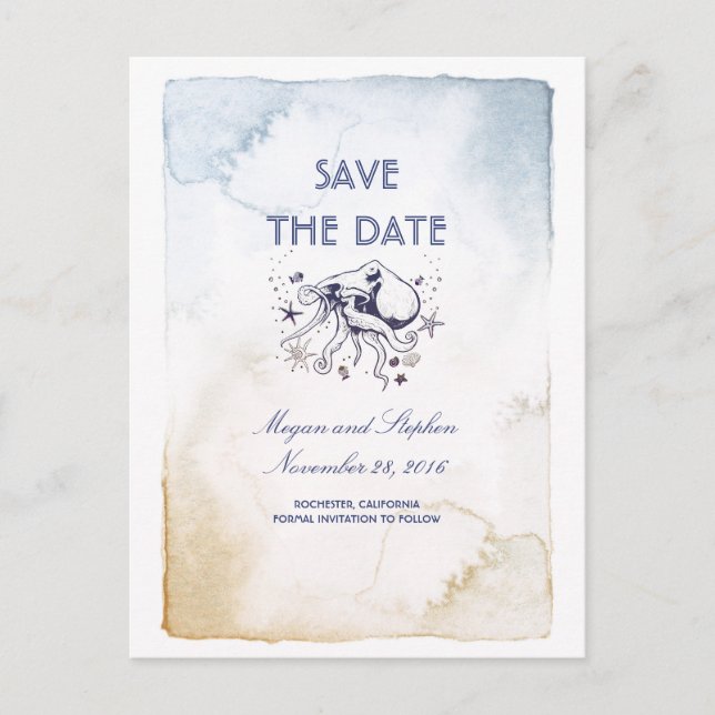 Nautical Navy Watercolors - Octopus Save the Date Announcement Postcard (Front)