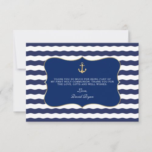 Nautical Navy Waves Anchor Boy Holy Communion Thank You Card