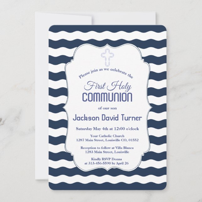 Nautical Navy Waves Anchor First Holy Communion Invitation (Front)