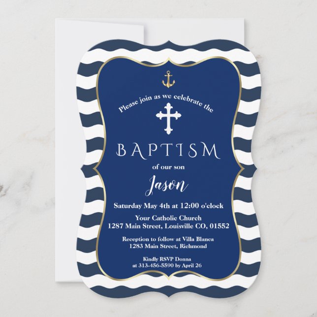 Nautical Navy Waves Anchor Gold Boy Baptism Invitation (Front)