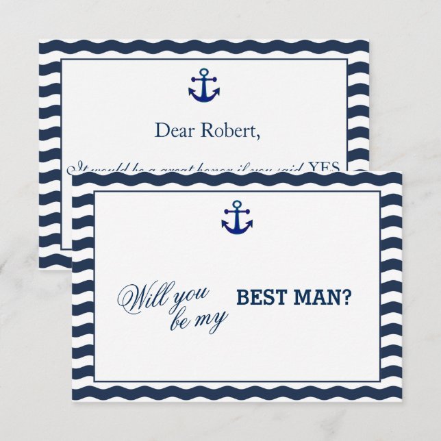 Nautical Navy Waves Anchor WILL YOU BE MY BEST MAN Invitation (Front/Back)