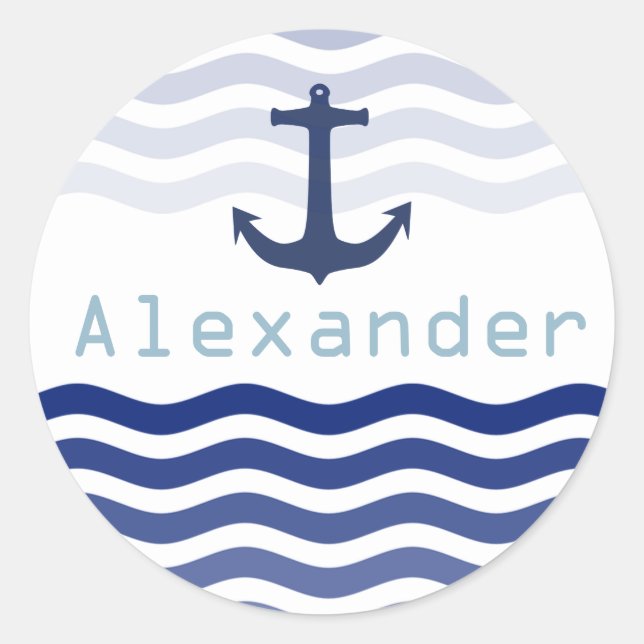 Nautical Navy Waves and Anchor Personalized Name Classic Round Sticker (Front)