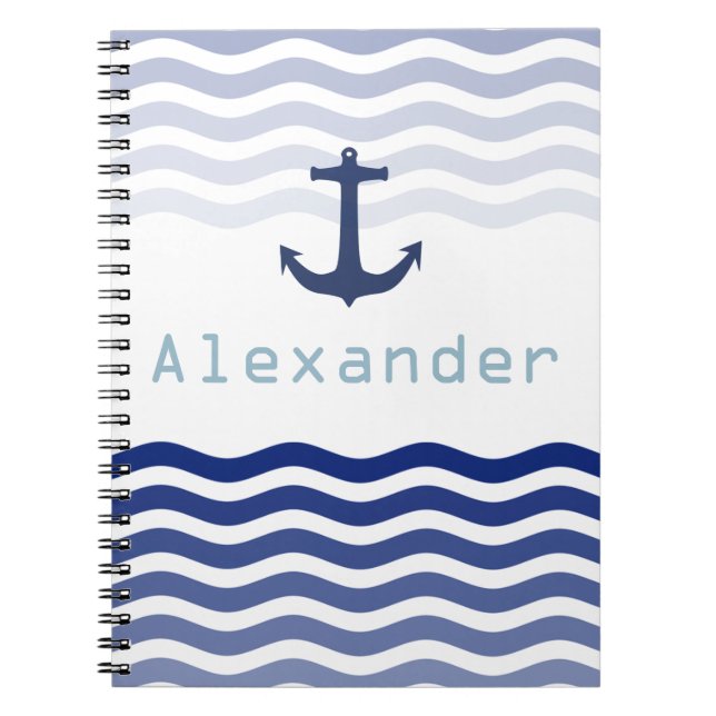 Nautical Navy Waves and Anchor Personalized Name Notebook (Front)