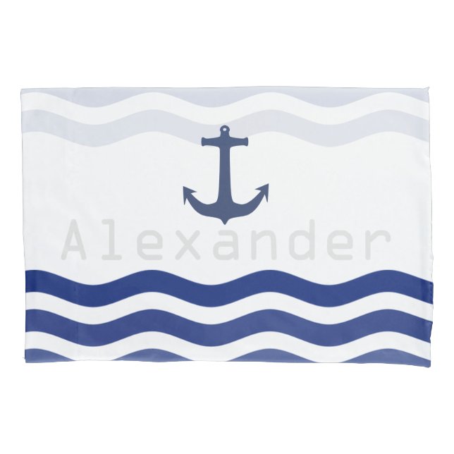 Nautical Navy Waves and Anchor Personalized Name Pillow Case (Front)