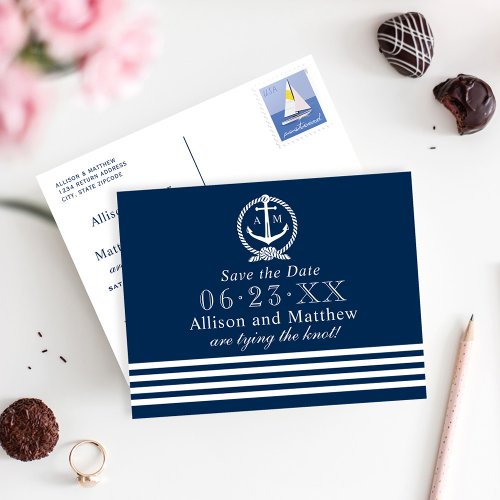 Nautical Navy Wedding Monogram Save the Date Announcement Postcard