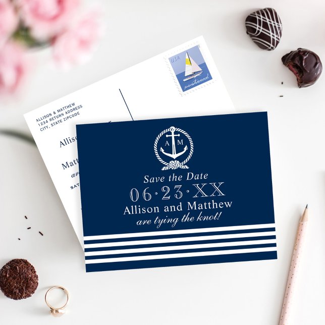 Nautical Navy Wedding Monogram Save the Date Announcement Postcard (Creator Uploaded)
