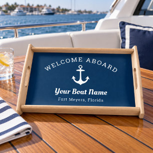 Nautical Navy Welcome Aboard Anchor Boat Name Serving Tray