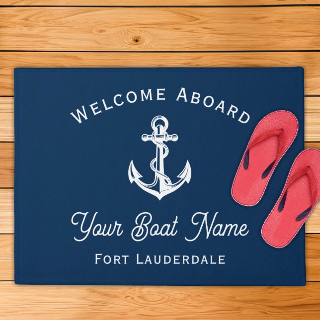 Nautical Navy Welcome Aboard Boat Name Anchor Doormat (Creator Uploaded)
