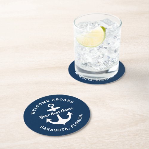 Nautical Navy Welcome Aboard Boat Name Anchor Round Paper Coaster