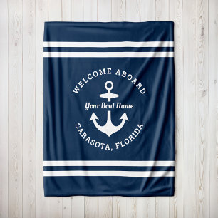 Nautical Navy Welcome Aboard Boat Name Fleece Blanket