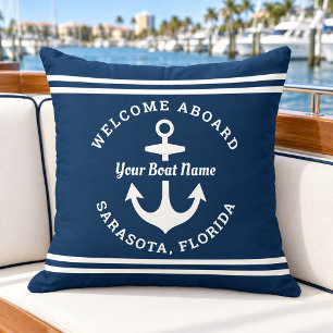 Nautical Navy Welcome Aboard Boat Name Outdoor Pillow