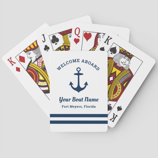Nautical Navy Welcome Aboard Boat Name Poker Cards (Back)