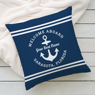 Nautical Navy Welcome Aboard Boat Name Throw Pillow