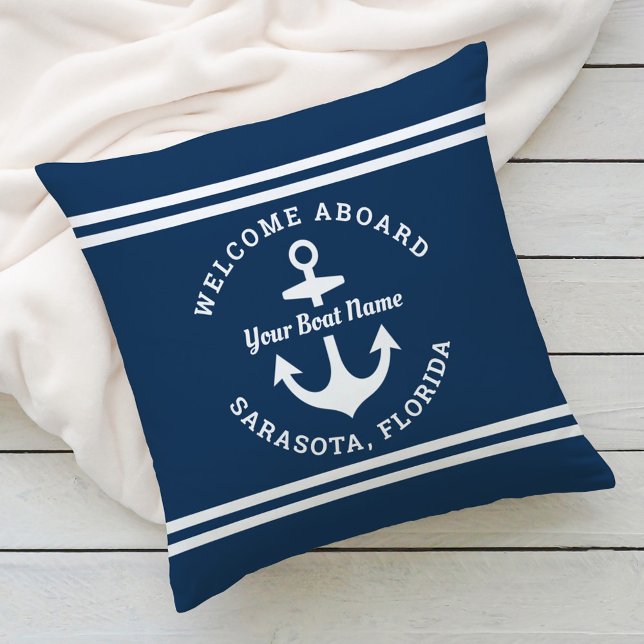 Nautical Navy Welcome Aboard Boat Name Throw Pillow (Creator Uploaded)