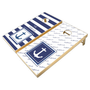 Nautical Navy Welcome Aboard Custom Boat Name Cor Cornhole Set