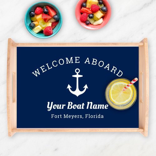 Nautical Navy Welcome Aboard Custom Boat Name Serving Tray