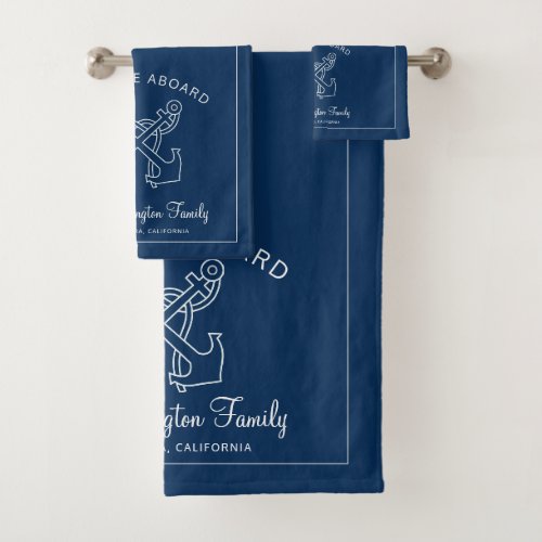 Nautical Navy Welcome Aboard Family Name Anchors Bath Towel Set