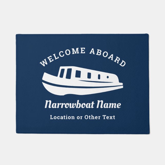 Nautical Navy Welcome Aboard Narrowboat Name Doormat (Front)