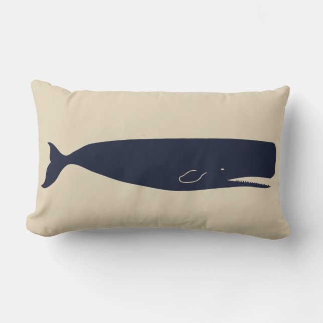 Nautical Navy Whale Silhouette & Beige Lumbar Pillow (Front)