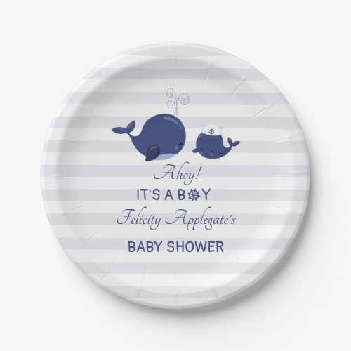 Nautical Navy Whales Boy Baby Shower Paper Plates