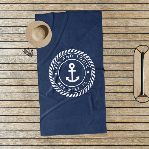 Nautical Navy  White Anchor Boat Name Beach Towel