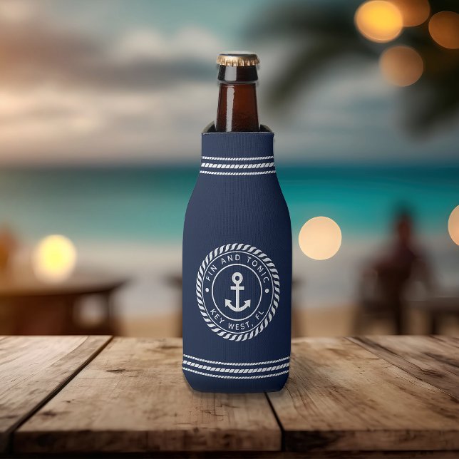 Nautical Navy & White Anchor Boat Name Bottle Cooler (Creator Uploaded)