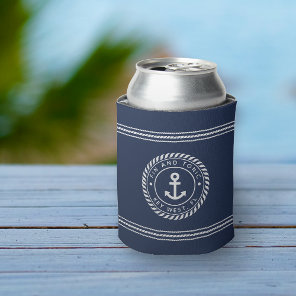 Nautical Navy & White Anchor Boat Name Can Cooler