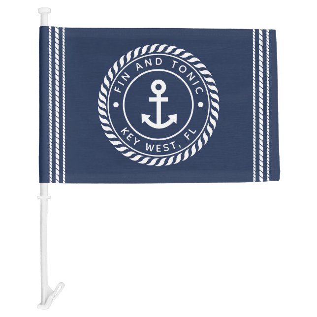 Nautical Navy & White Anchor Boat Name Car Flag (Front)