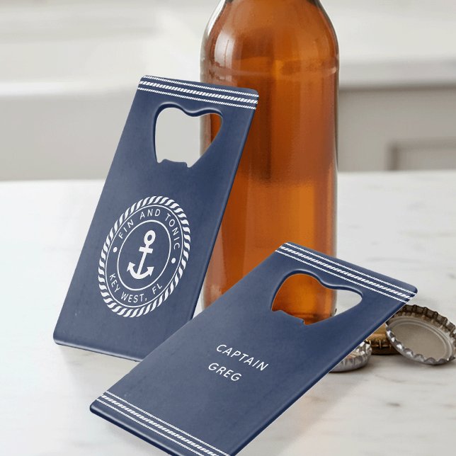 Nautical Navy & White Anchor Boat Name Credit Card Bottle Opener (Creator Uploaded)