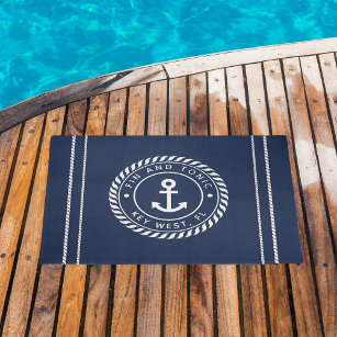 Nautical Navy & White Anchor Boat Name Doormat