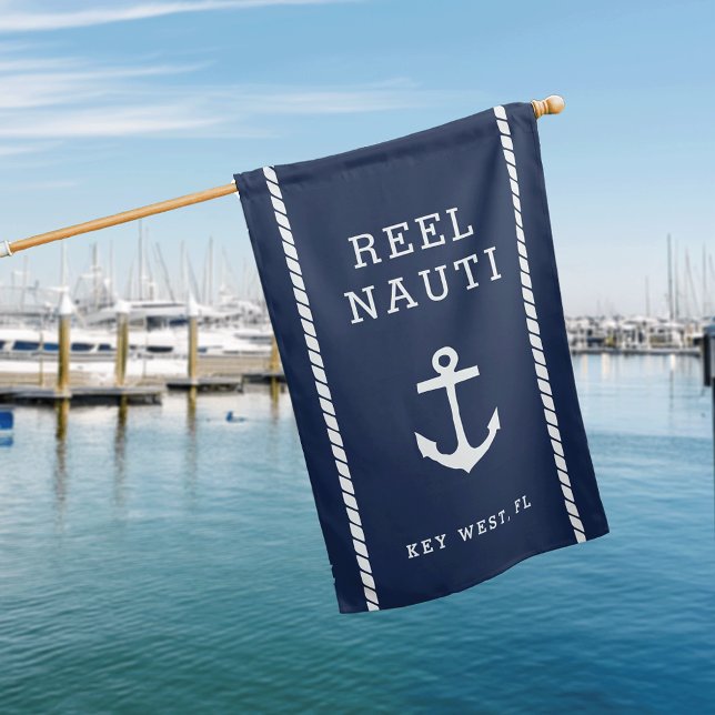 Nautical Navy & White Anchor Boat Name House Flag (Creator Uploaded)