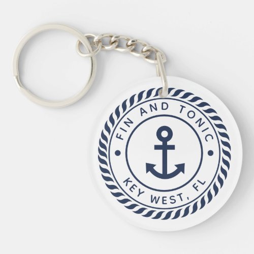 Nautical Navy  White Anchor Boat Name Keychain