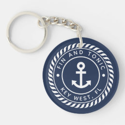 Nautical Navy &amp; White Anchor Boat Name Keychain