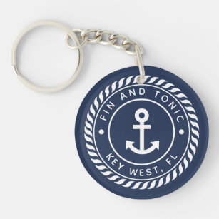 Nautical Navy & White Anchor Boat Name Keychain