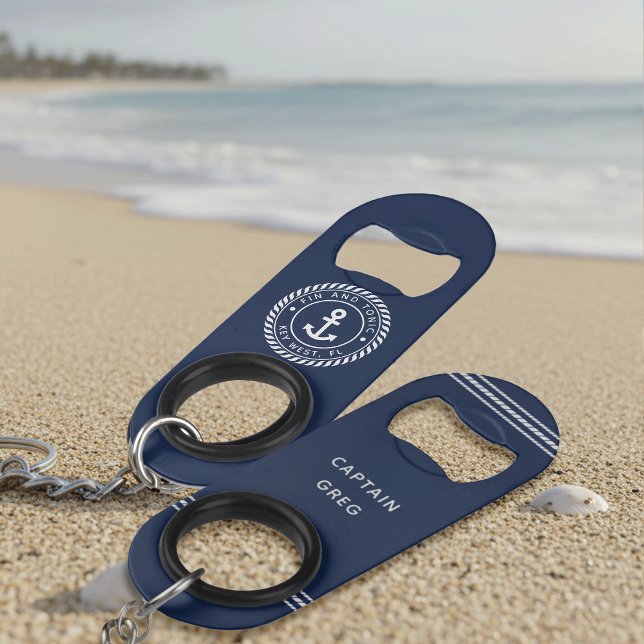 Nautical Navy & White Anchor Boat Name Keychain Bottle Opener (Creator Uploaded)